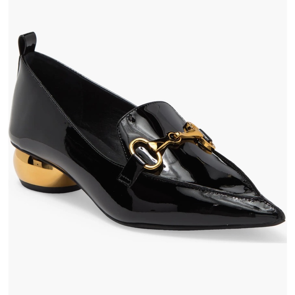 Black Patent Leather Pointed Toe Loafer with Gold Accent